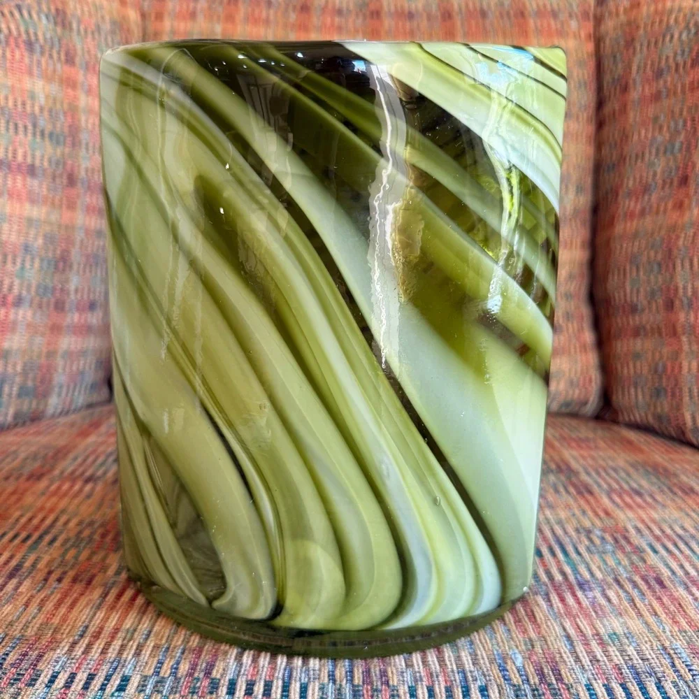 Vintage Art Glass Vase Oval Avocado Green Swirl MCM Mid‎ Century Modern Decor